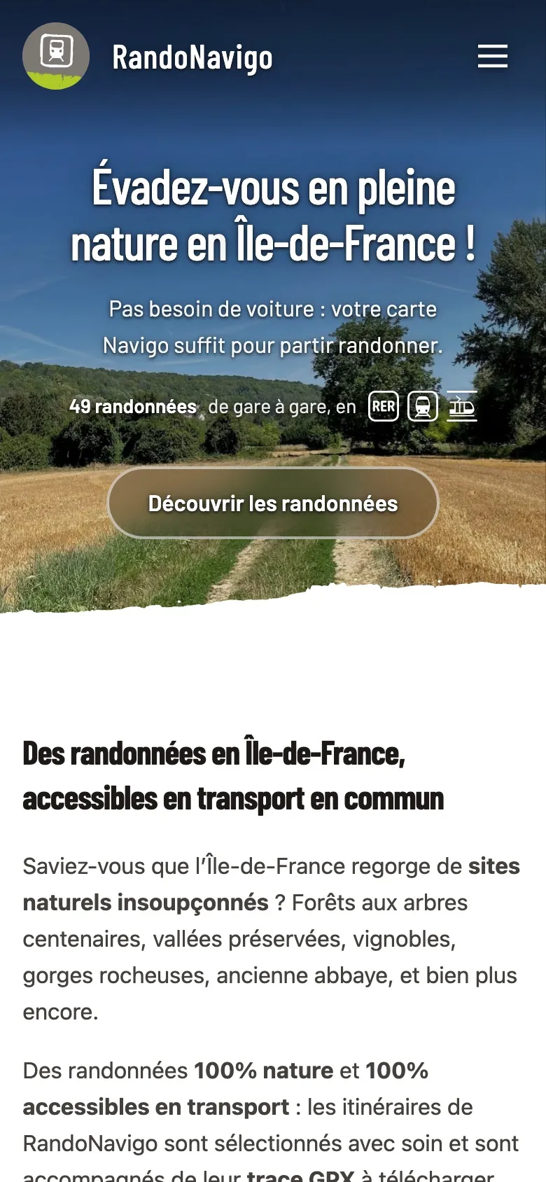 Page d’accueil de RandoNavigo sur téléphone