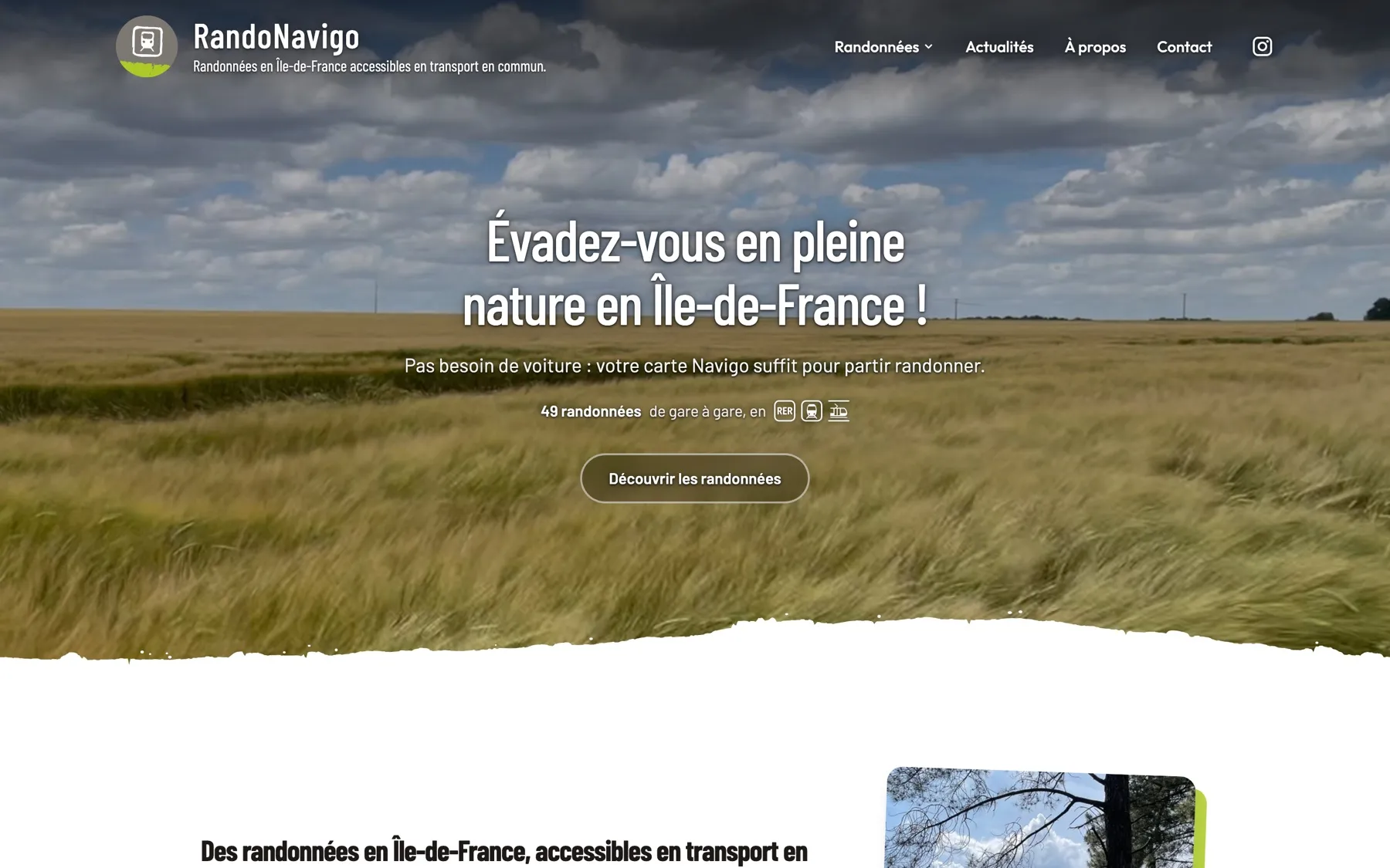 Page d’accueil de RandoNavigo : « Évadez-vous en pleine nature en Île-de-France ! »